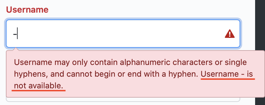GitHub sign up showing combined errors for the - username